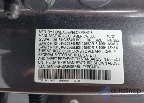 2022 Honda Pilot 2Wd Ex-L from USA, damaged, VIN 5FNYF5H55NB006660